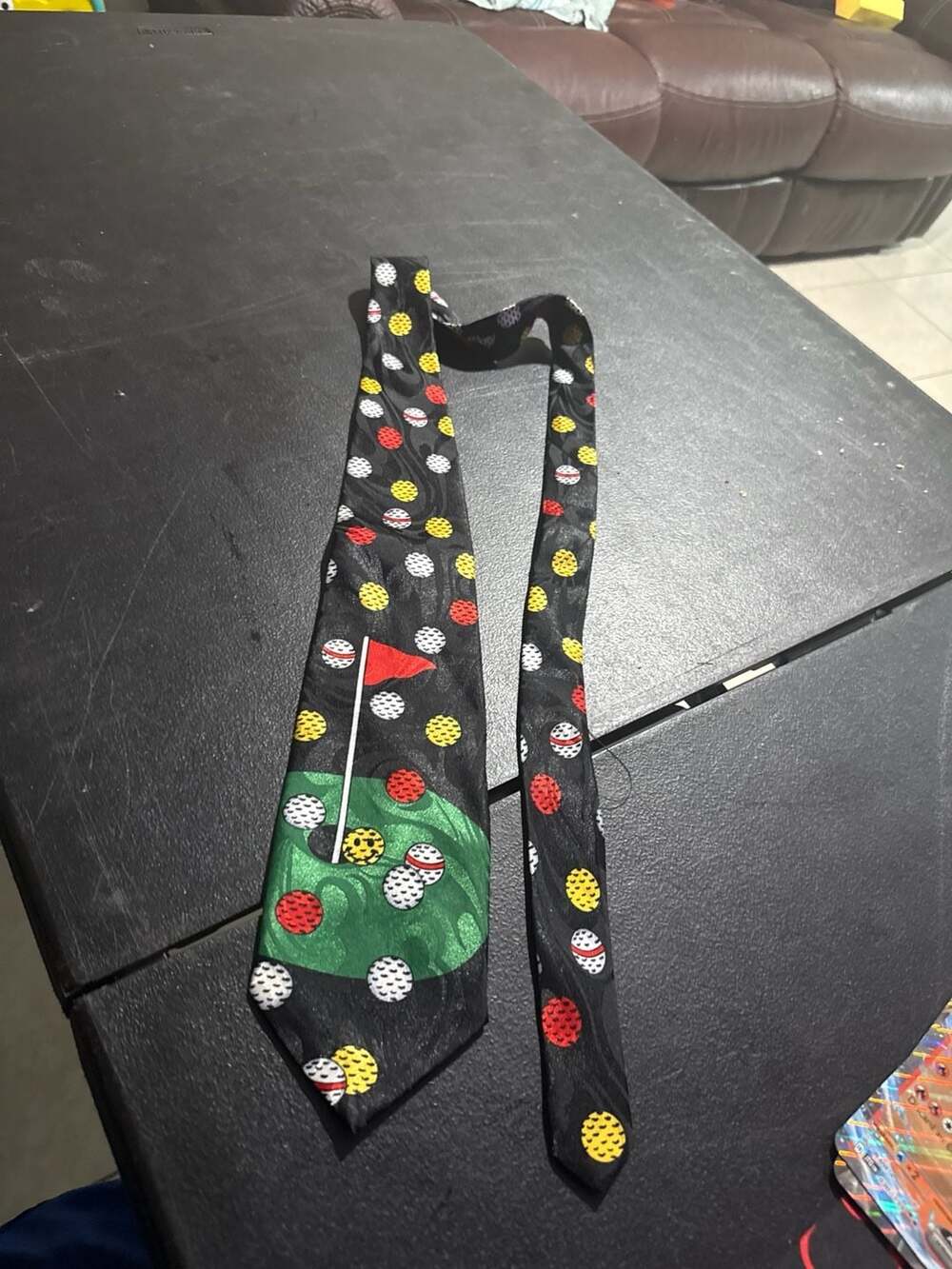 Forever T Men's Black Golf Themed Novelty Tie with Colorful Golf Balls and Putti